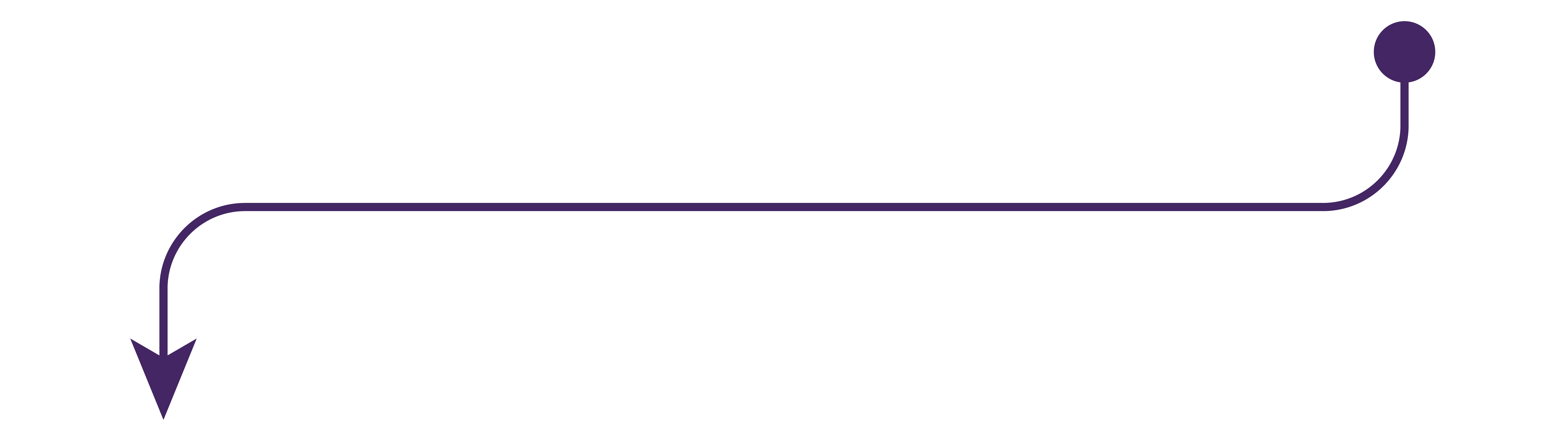 Simple purple curved arrow graphic on a black background, featuring a rounded line that bends downward on the left into an arrowhead and ends with a circular dot on the upper right side.