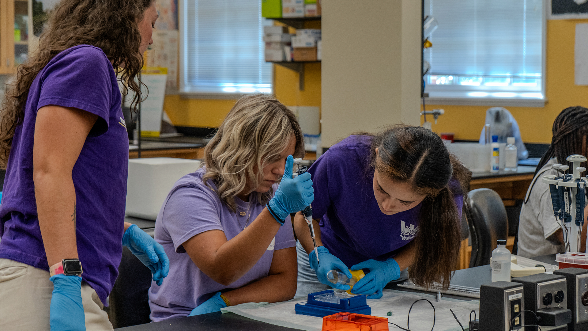 Group of 3 students completing a science experience in an on-campus science lab