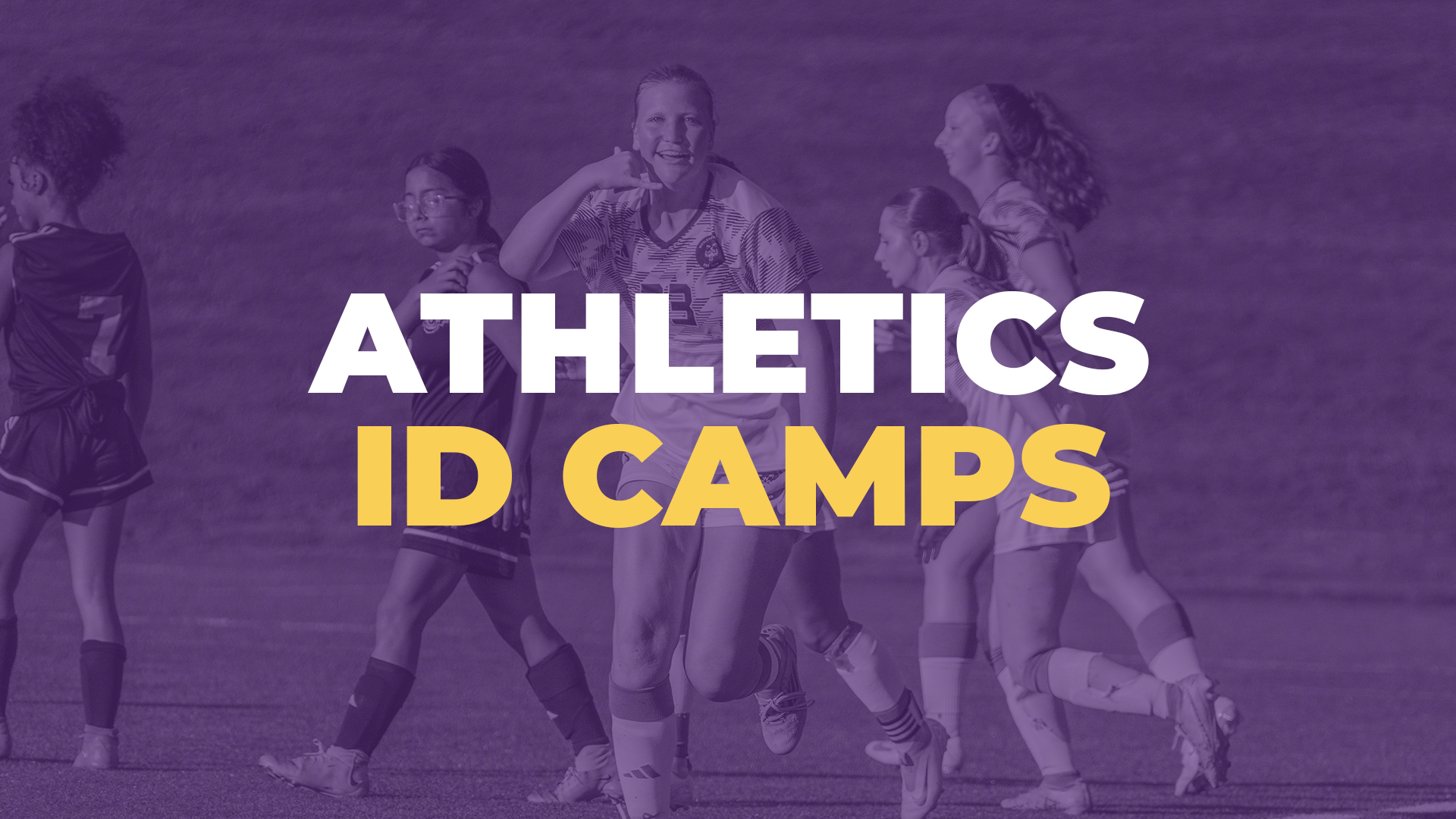 ID camps web tile Soccer Player smiling at camera with overlaying text reading "Athletics ID Camps"